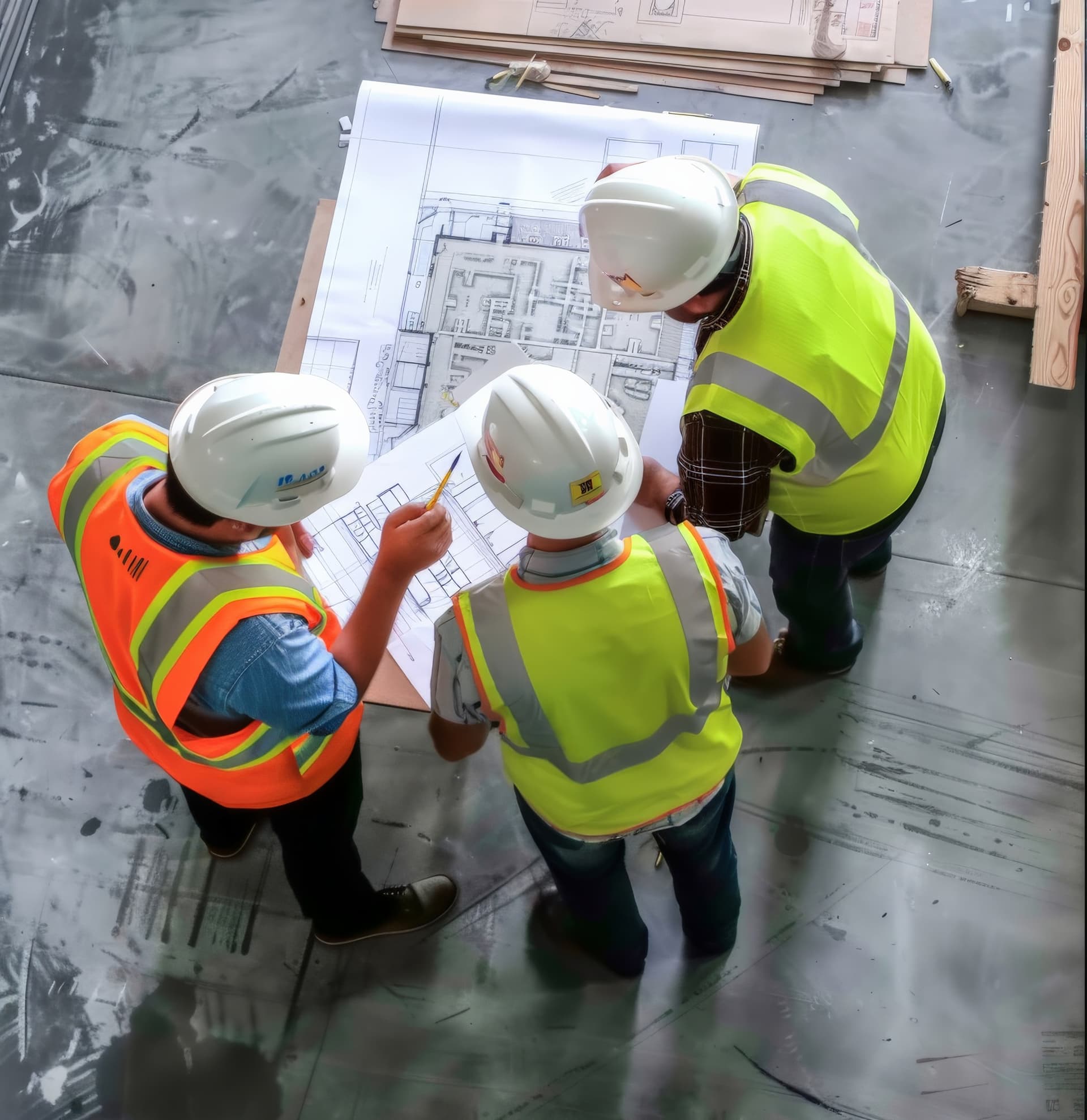 Construction professionals reviewing project plans